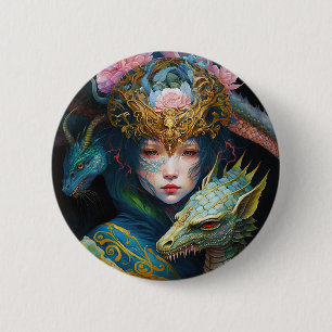 Bóton Redondo 5.08cm Fantasy Art Dragon Deusa Queen Button