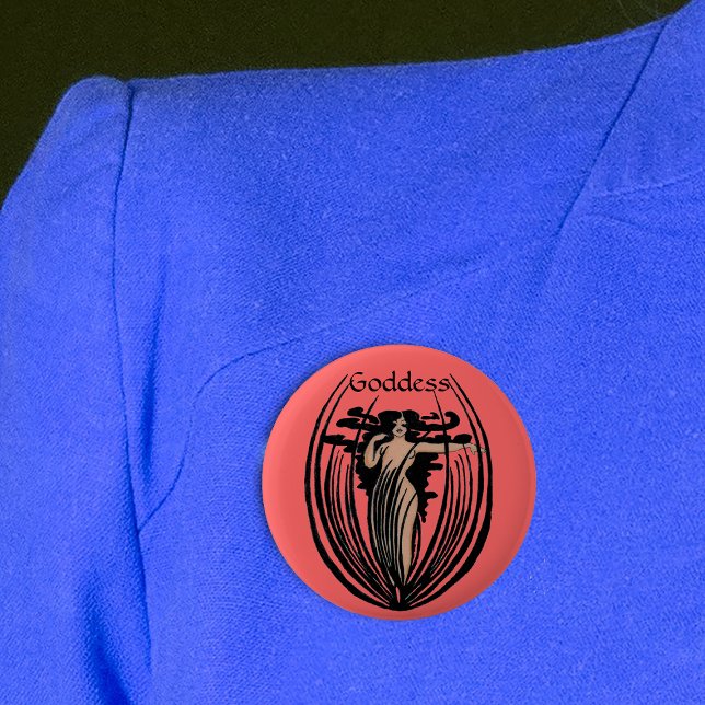 Bóton Redondo 5.08cm Fantasy Goddess Button (Goddess woman long black hair in abstract black flower pod on round salmon coloured pin back button.)