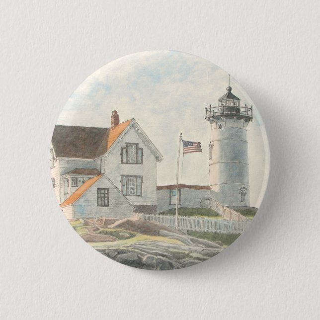 Bóton Redondo 5.08cm Farol de Cape Neddick em Aquarela (Frente)