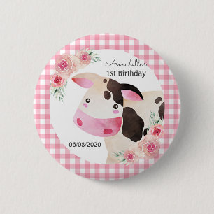 Bóton Redondo 5.08cm Favor de Aniversário de Vaca Gingham Rosa
