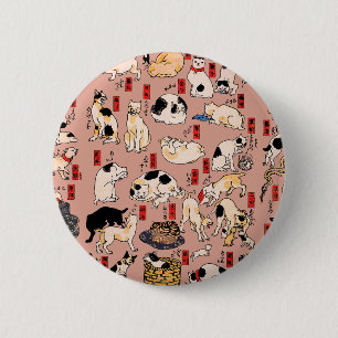 Bóton Redondo 5.08cm felinos japoneses gatinho Ukiyo-e engraçado
