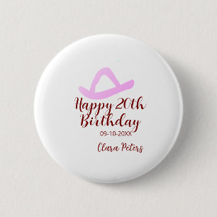 Bóton Redondo 5.08cm Feliz aniversário de 20 anos menina cowboy rosa no