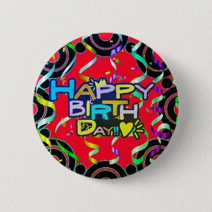 Bóton Redondo 5.08cm Feliz aniversário de Vermelho com Confetti
