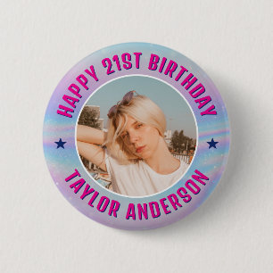 Bóton Redondo 5.08cm Feliz Aniversário Foto Personalizada Arco-Íris Iri
