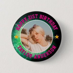 Bóton Redondo 5.08cm Feliz Aniversário Foto Personalizada Bootleg Retro