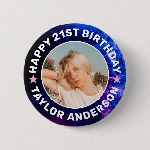 Bóton Redondo 5.08cm Feliz Aniversário Foto Personalizada Fumaça Azul F