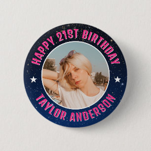 Bóton Redondo 5.08cm Feliz Aniversário Foto Personalizada Galáxia Cósmi