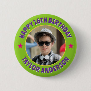 Bóton Redondo 5.08cm Feliz Aniversário Personalizado com Foto Chic e Le
