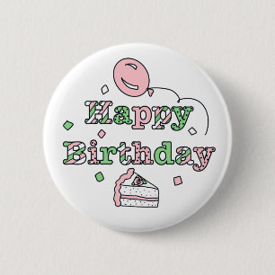 Bóton Redondo 5.08cm Feliz Aniversário Rosa e Sábio Verde