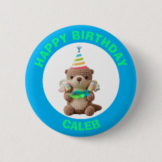 Bóton Redondo 5.08cm Feliz Aniversário | Urso de Pelúcia Azul e Verde