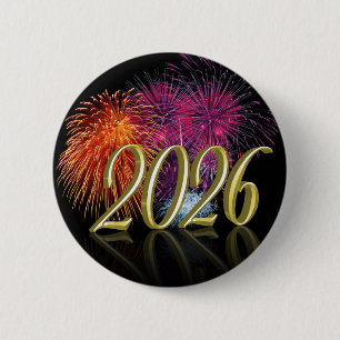 Bóton Redondo 5.08cm Feliz Ano Novo Dourado 2026 Botão de Fogos de Arti