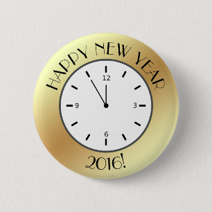 Bóton Redondo 5.08cm Feliz ano novo Faux Gold Foil Clock Meia-Noite