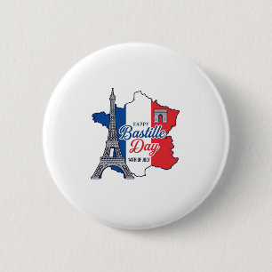 Bóton Redondo 5.08cm Feliz Dia da Bastilha França Mapa Torre Eiffel Vec