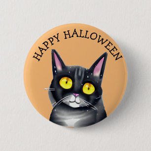 Bóton Redondo 5.08cm Feliz Dia das Bruxas Preto Gato Negro Amarelo