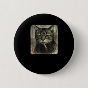 Bóton Redondo 5.08cm Feliz Gato Fumante Cigarro Meme Sumi-e