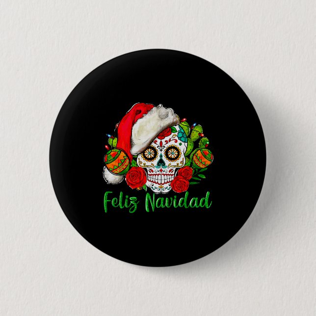 Bóton Redondo 5.08cm Feliz Navidad Sugar Skull Mexican Christmas  (Frente)