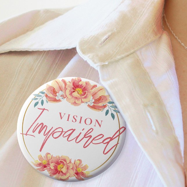 Bóton Redondo 5.08cm Feminino Rosa Floral Script Visão Deficiente (Feminine Peach Rose Floral Script Vision Impared Button)