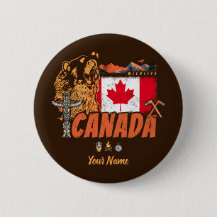 Bóton Redondo 5.08cm Feriado De Bandeira E Urso Grizzly No Canadá