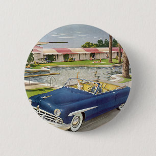 Bóton Redondo 5.08cm Férias de Verão Vintage, Carro Conversível e Motel