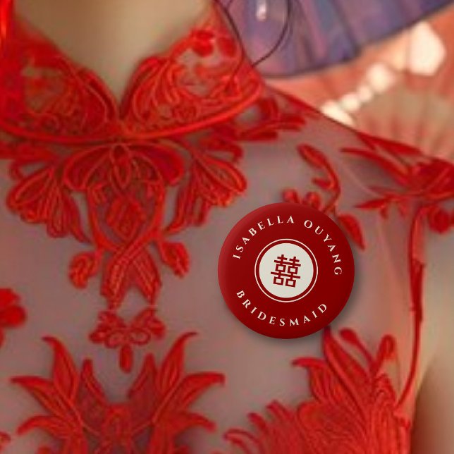 Bóton Redondo 5.08cm Festa de casamento Chinesa Duplo Xi Círculo Clássi (BRIDESMAID Classic Circle Double Happiness Chinese Wedding Party Pinback Button @ fatfatin_red_knot)