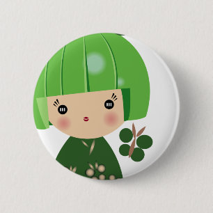 Bóton Redondo 5.08cm Fim verde da objectiva tripla de Kokeshi acima do