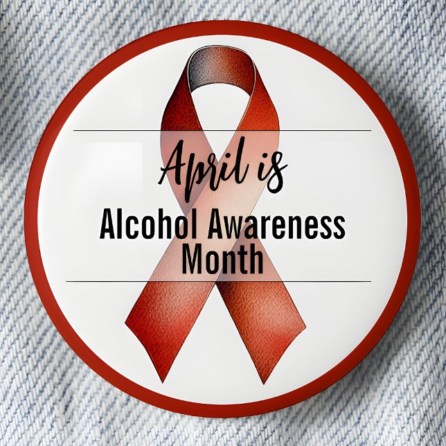 Bóton Redondo 5.08cm Fita do Mês de Consciência do Álcool de abril (April is Alcohol Awareness Month pinback button.  Red Awareness Ribbon.)