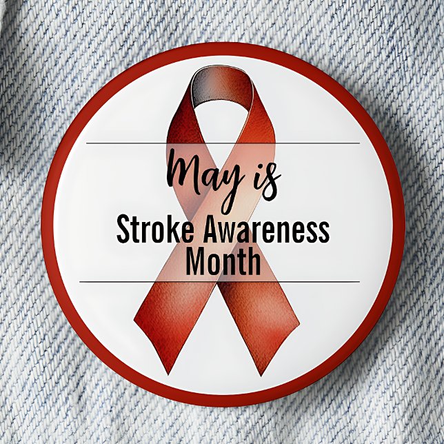 Bóton Redondo 5.08cm Fita Mês de Sensibilização (May is Stroke Awareness Month pinback button.  Red awareness ribbon.)