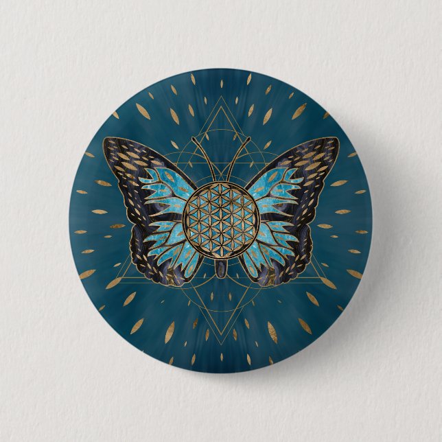 Bóton Redondo 5.08cm Flor da Borboleta Vida - Gemstone Azul e ouro (Frente)