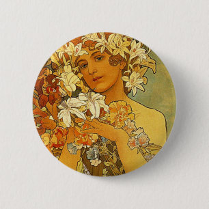 Bóton Redondo 5.08cm Flor de Nouveau Alphonse Mucha da arte