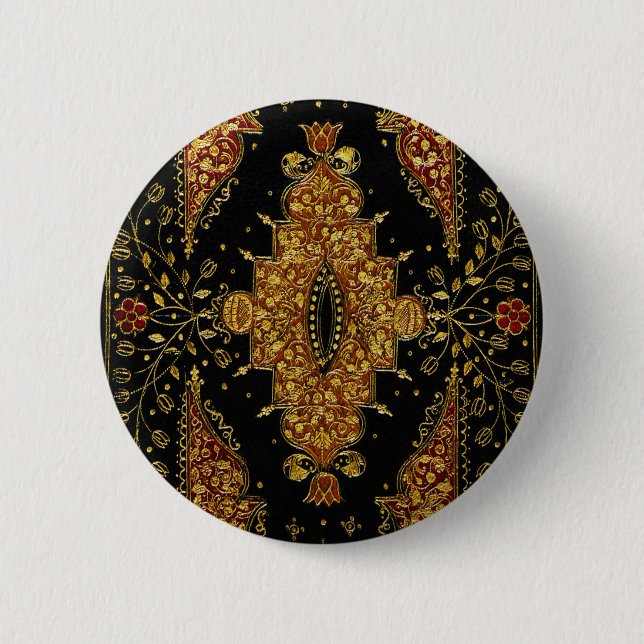 Bóton Redondo 5.08cm Florais Preto e Dourado Caídos (Frente)