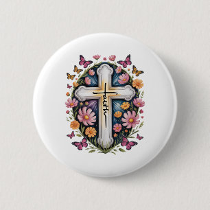 Bóton Redondo 5.08cm Floral Faith Cross