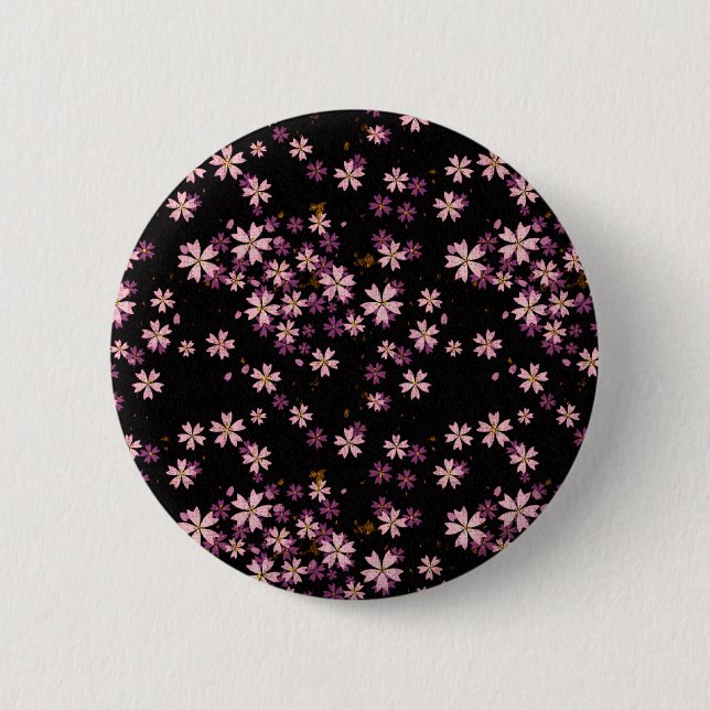 Bóton Redondo 5.08cm Flores cor-de-rosa no preto (Frente)