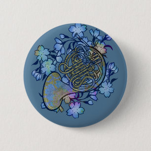 Bóton Redondo 5.08cm Flores de Corno Azul Francês Classe de Banda