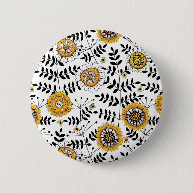 Bóton Redondo 5.08cm Flores e folhas de rabo em amarelo e preto (Frente)