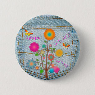 Bóton Redondo 5.08cm Flores no Bolso Traseiro de Jeans Paz Amor Esperan
