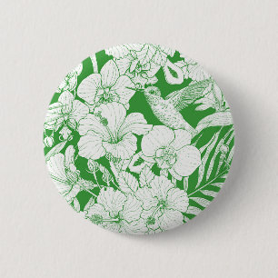 Bóton Redondo 5.08cm Flores Tropicais e Beija-flor em verde e fora