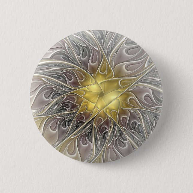 Bóton Redondo 5.08cm Florescer Com Flor Fractal Abstrata Moderna Dourad (Frente)