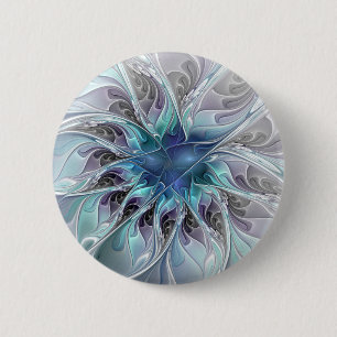 Bóton Redondo 5.08cm Florescer Floral Fractal Moderno Abstrato Com Azul