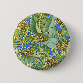 Bóton Redondo 5.08cm Folhas de Peacock ouro no Azul Ceruliano
