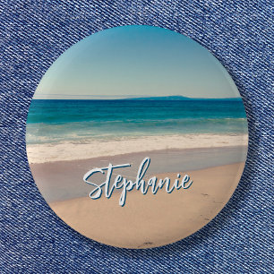 Bóton Redondo 5.08cm Foto Personalizada da Praia Oceano Azul Cênico