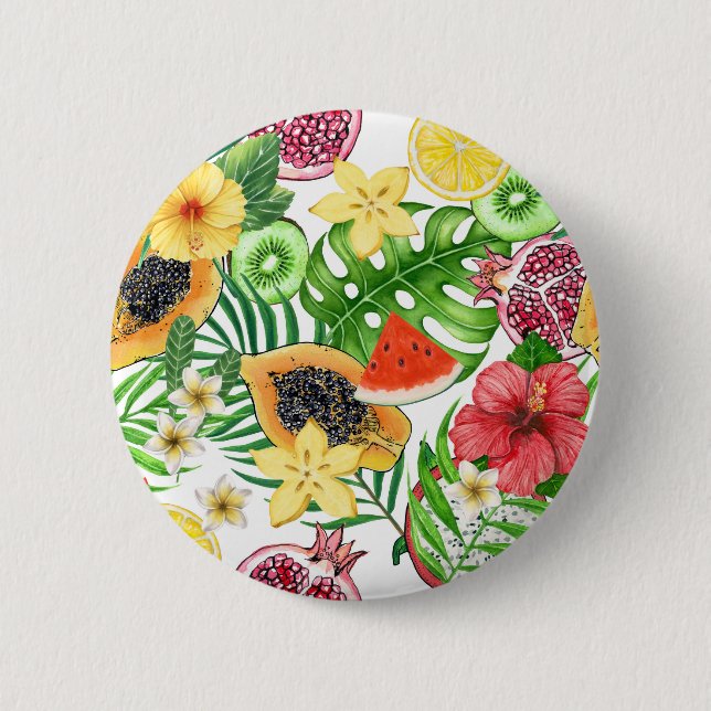Bóton Redondo 5.08cm Frutas tropicais, flores e folhas em branco (Frente)