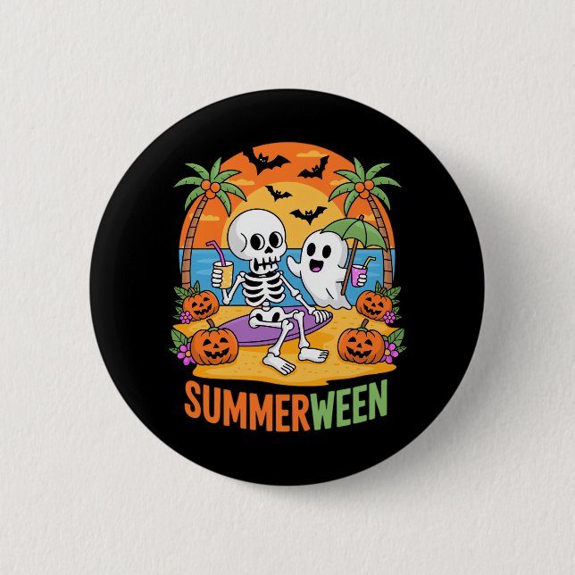 Bóton Redondo 5.08cm Fu do Halloween de Summerwin Skeleton Ghost Beach (Frente)