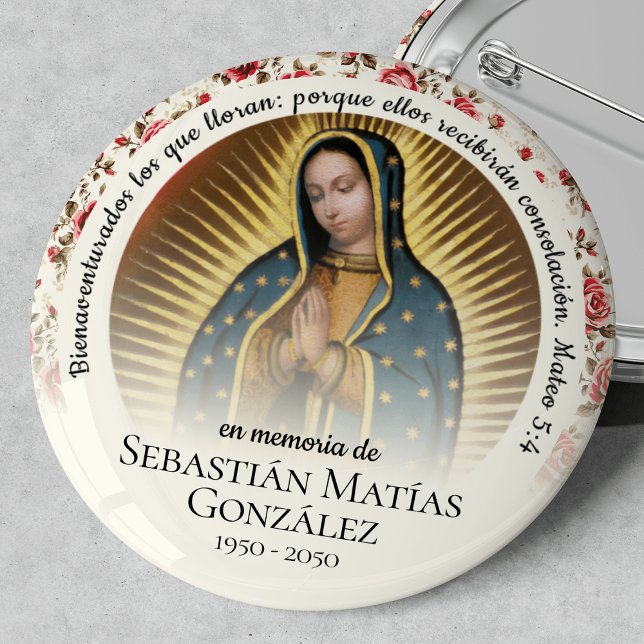 Bóton Redondo 5.08cm Funeral Espanhol Virgen de Guadalupe (Virgen de Guadalupe, Our Lady of Guadalupe, funeral keepsake, funeral badge, In Loving Memory)