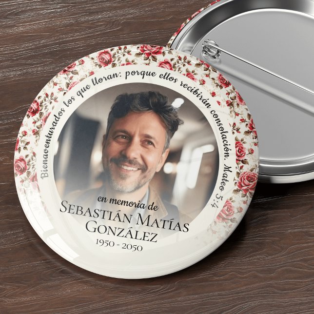 Bóton Redondo 5.08cm Funeral In Loving Memory Foto Espanhola (Spanish funeral, en memoria,, funeral keepsake, funeral badges, Forever in our hearts, memorial)