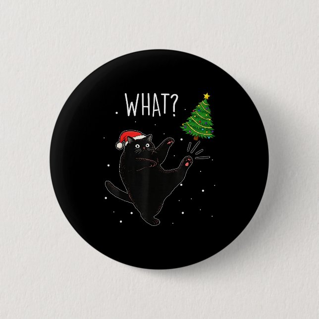 Bóton Redondo 5.08cm Funny Black Cat What_ Christmas Tree Meme Xmas Men (Frente)