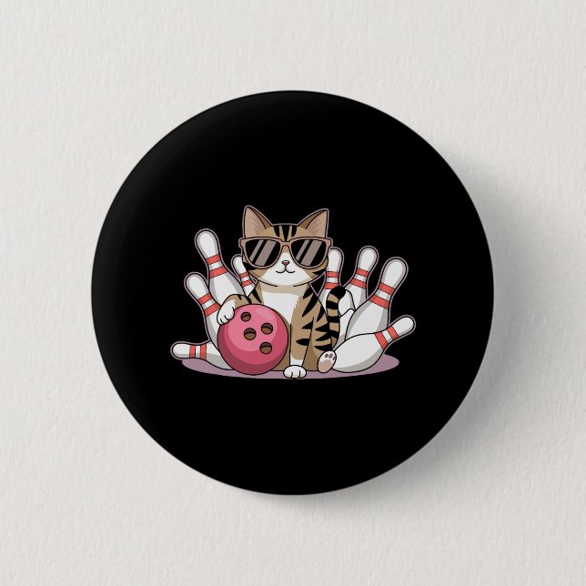 Bóton Redondo 5.08cm Funny Cat Playing Bowling Cool Cat With Sungles  (Frente)