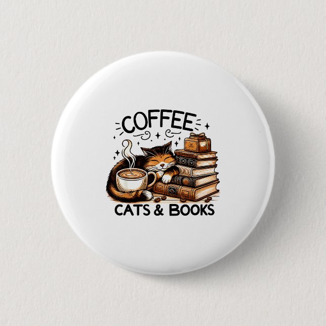 Bóton Redondo 5.08cm Funny Cute Coffee Cats Books Lover Women Men Kids  (Frente)