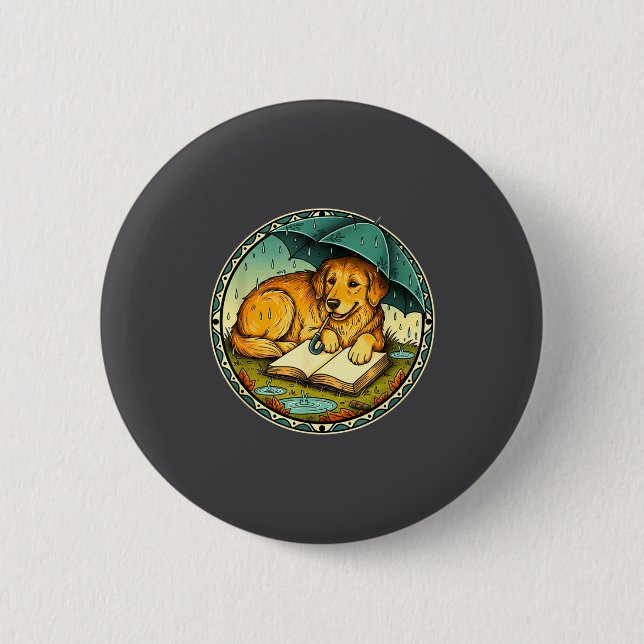 Bóton Redondo 5.08cm Funny Dog Reading Book Rain Cozy Umbrella Cute Art (Frente)