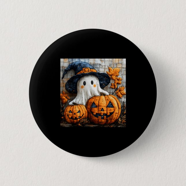 Bóton Redondo 5.08cm Funny Ghost Pumpkin Cute Halloween Patchwork Art  (Frente)