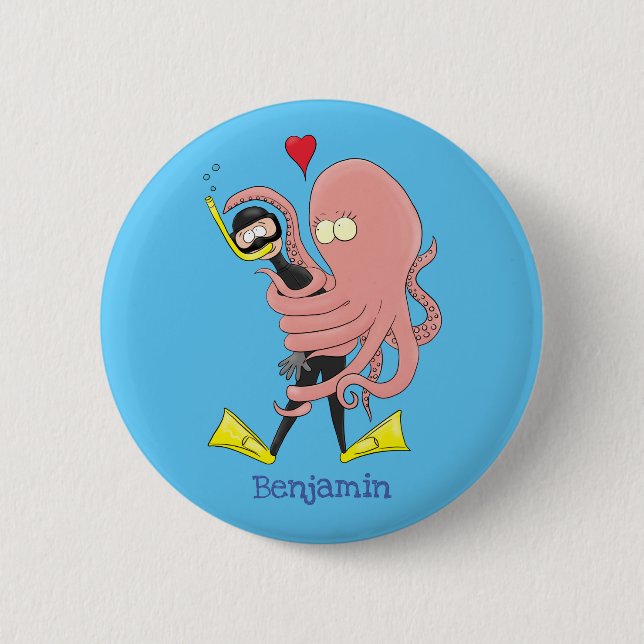 Bóton Redondo 5.08cm Funny octopus hugs diver cartoon humour (Frente)